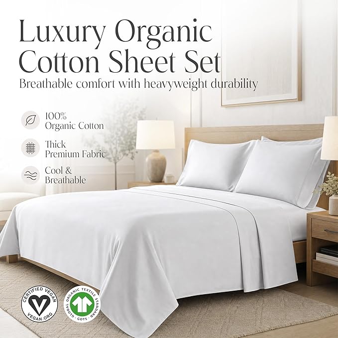 Delilah Home 100% Organic Cotton California King BedSheet set, GOTS & Vegan.org Verified Long Stem 300 TC Sateen Bedding Non-Synthetic Deep Pocket Fitted Linen, Lightweight, All-Season, 4Piece - White