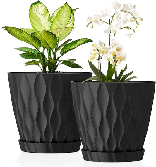 UOUZ 8 Inch Plant Pots, 2 Pack Plastic Planters for Indoor Outdoor with Drainage Holes & Saucers, Waffle Texture Flower Pots for Indoor Plants, Indoor Plant Pots for Monstera, Fiddle Leaf Fig, Black