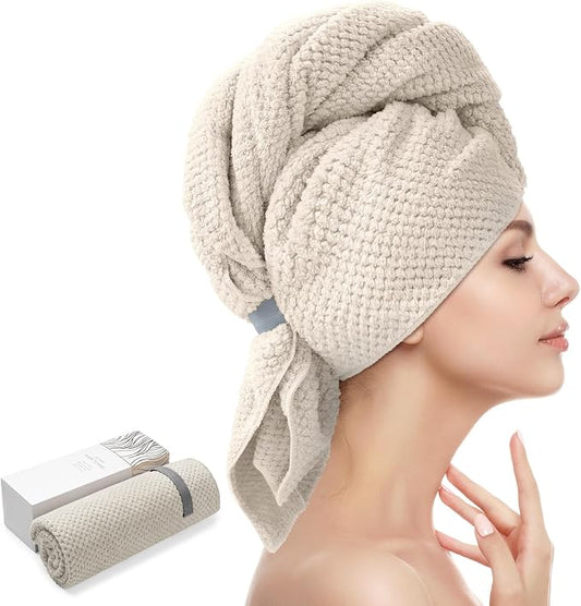 YFONG Large Hair Towel Wrap for Women, Super Absorbent Microfiber Hair Towel for Curly Hair, Fast Drying Hair Turbans with Elastic,Hair Drying Towel Wrap for Hair Care 26.3" X 40" (Camel)