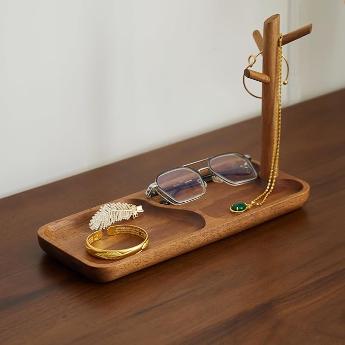 Solid Acacia Wood Key Tray and Bowl for Entryway Table - Jewelry Tray With 3 Hooks, Open Storage for Wallet, Glasses, Watches, Lipstick (Acacia, Rectangle)