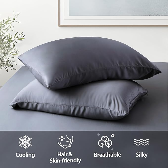 2 Pack Cooling Toddler Pillow Cases,Viscose Derived from Bamboo Small Pillow Protectors Set of 2, 400 TC Soft Silky Breathable Summer Pillow Cover with Zipper Hidden (2PCS, 13‘’x18‘’,Dark Grey)