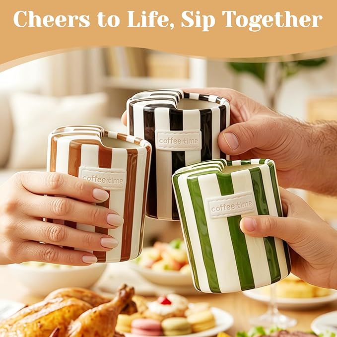 Ceramic Coffee Mug Novelty Ceramic Travel Mug Cute Espresso Cups To Go Anthropologie Latte Cups Aesthetic Green Pottery Mugs With Sip Hole 10oz Clay Striped Vintage Handmade Coffee Cup for Home