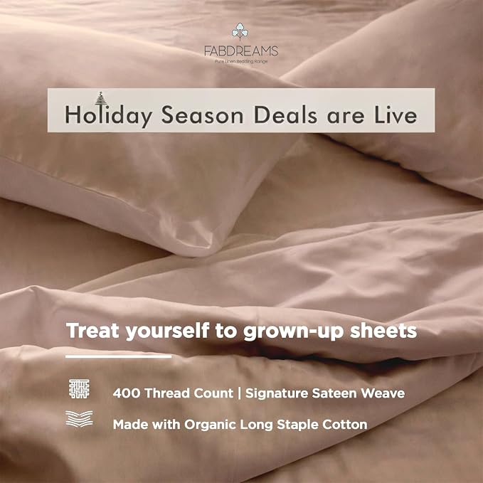 FABDREAMS 100% Organic Cotton Standard Queen Pillowcases | 400 Thread Count | Luxury Hotel Collection |GOTS Certified Long Staple Cotton|Smoother Than Egyptian Cotton|Set of 2-20" x 30"|Taupe