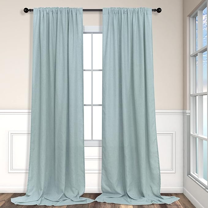 Aqua Curtains 108 Inches Long for Kids Room 2 Panels Set Back Tab Pocket Drapes Light Filtering Semi Sheer Linen Polyester Farmhouse Mint Green Curtain for Living Dining Sliding Seafoam Teal Grey 9 FT