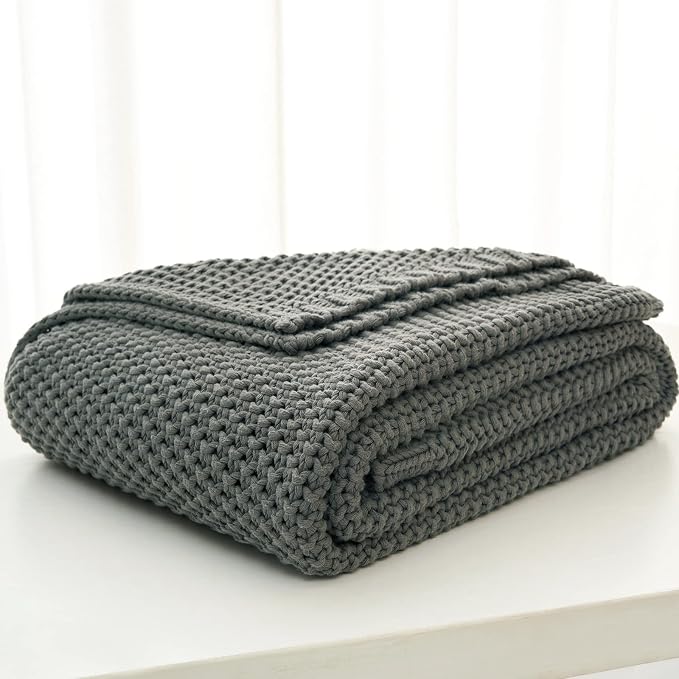 Longhui bedding Chunky Cable Knit Throw Blanket Lightweight Grey 100% Organic Cotton Blanket for Sofa Couch Bed Baby Nursery, Rustic Shabby Chic Modern Farmhouse, Gray 60” x 80” Give Laundering Bag