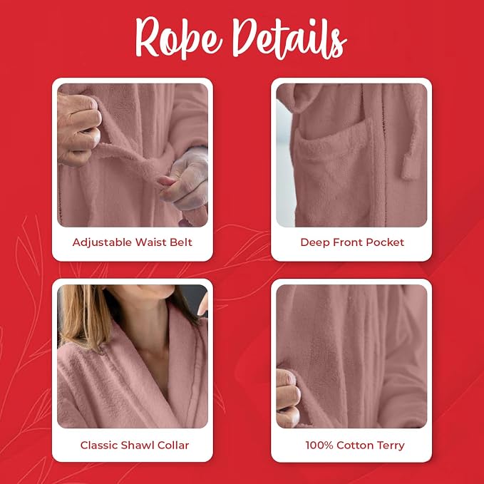 RIVERSIDE Premium 100% Cotton Terry Bathrobe For Women and Men - Soft Towel Robes with Shawl Collar Ajdustable Belt & Pockets