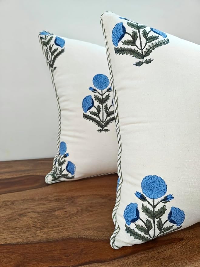 ATOSII Block Print Boho Throw Pillow Covers, 24 X 24, Set of 2, Decorative Couch Pillows for Living Room, 100% Cotton Canvas Acccent Pillows, Christmas Thanksgiving Fall Preppy Throws - Poppy Blue