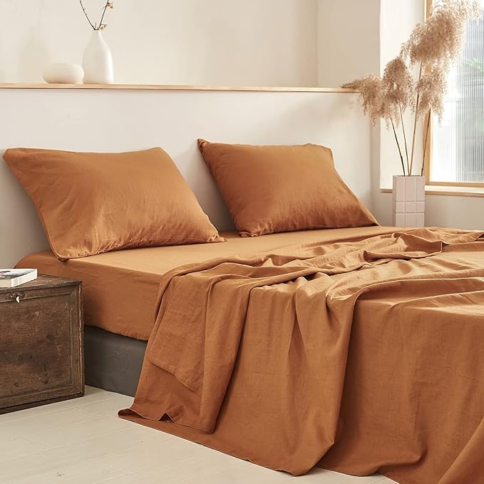 Simple&Opulence Linen Pillowcases 1 Pair Basic Style 55% Euro Linen 45% Cotton Blend Solid Color Flax Shams Set of 2, King Size 20"x40", Rust
