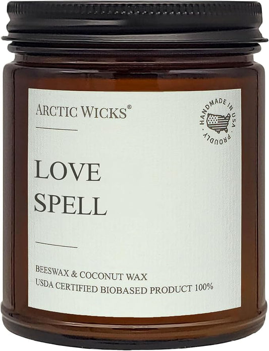 Arctic Wicks Scented Coconut Beeswax Candles | Coconut Beeswax Non Toxic Candle 9oz Amber | Farmhouse Candles Non-Toxic Clean Burn 100% USDA Certified Biobased (Love Spell)