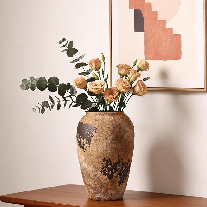 Rustic Ceramic Vase, 10.6 Inch Wabi Sabi Decorative Pottery Flower Vase, Vintage Neutral Vase for Centerpieces, Living Room, Shelf, Entryway, Wedding, Table Decoration