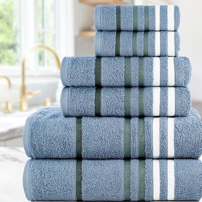 CASA COPENHAGEN Exotic 6Pcs 100% Egyptian Cotton Designer Towels Gift Set- Dusty Blue, 550GSM,2Bath2Hand2Washcloths,Bath Towels for Bathroom (Box Pack,Gift Ribbon Set for Women & Men)