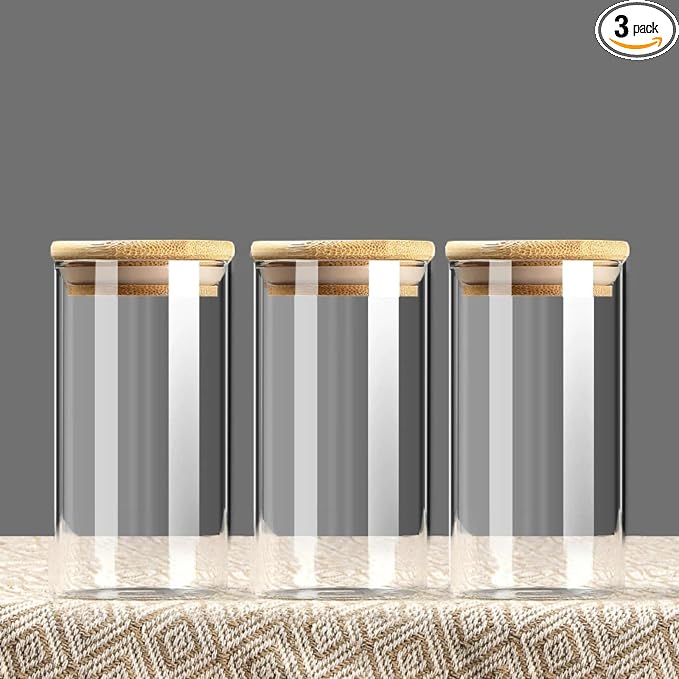 3-Piece sealed food storage containers, borosilicate glass jars with bamboo and wood lids, 2.6 to 4-inch diameter pantry jars, various sizes 2.6x2.4in to 4x11.8in.