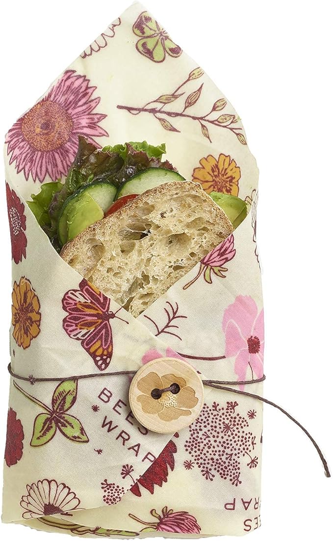 Bee's Wrap Vegan Beeswax Sandwich Wrap - Beeswax Lunch Wrap with Button & Tie - Plastic Free Made in USA Reusable Natural Food Wrap - Meadow Magic