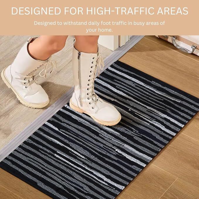 WeWove Hand Woven Chindi Rug Cotton - Boho Rustic Farmhouse Area Accent Throw Rug - Area Floor Carpet for Bedroom Living Room Kitchen Dorm Entryway Hallway - 20x32 inch Area Rug Black Multi