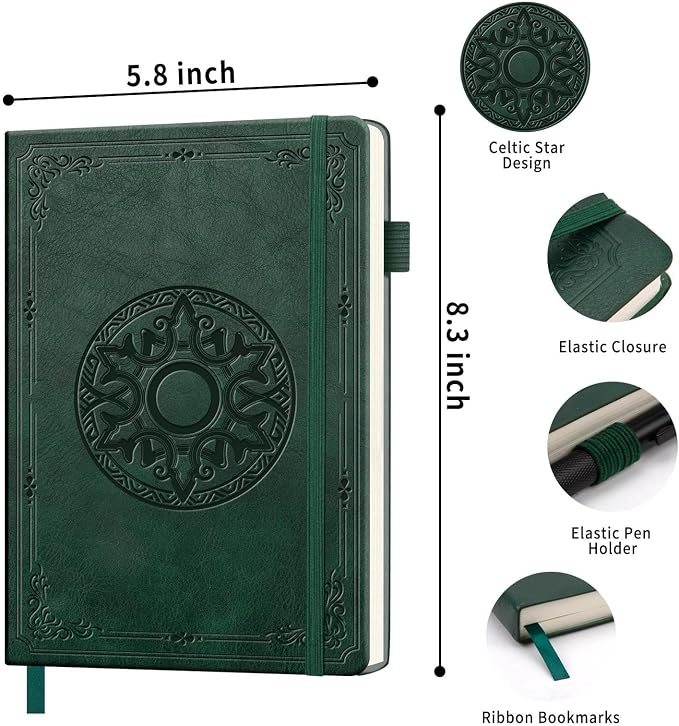 Lined Journal Notebook, A5 Leather Vintage Journals for Writing, 288 Pages College Ruled Notepad for Women Men, Vegan Leather Daily Notebook for Work, School, Travel, Note Taking(Celtic Star, Green)