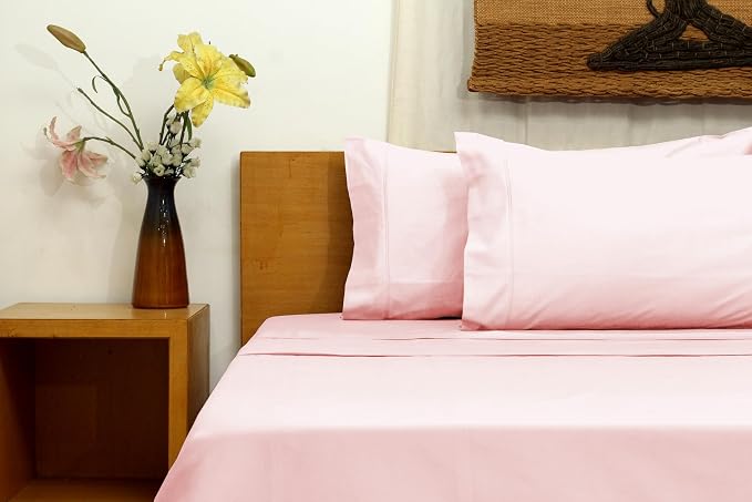 Organic Cotton Long Staple Silky Soft Single Pick Sateen Bed Sheet Set - Luxurious & Premium Hotel Quality - GOTS Certified - Solid Dyed (Light Pink, Queen (U.S. Standard))