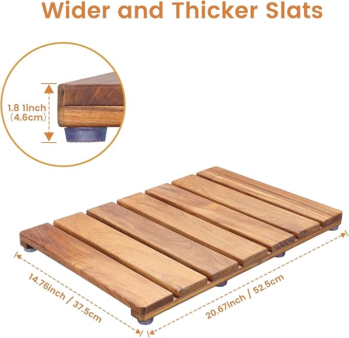 Natural Teak Wood Shower Bath Mat, 20.67 * 14.76 Inches, Non-Slip Rubber Feet, Premium Wooden Floor Mats for Spa, Sauna, Pool and Hot Tub, Flooring Decor and Protector, Indoor and Outdoor Use.