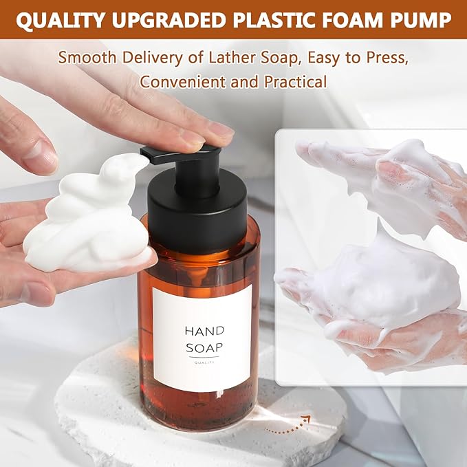 RYTOXILO Amber Foam Soap Dispenser, 10 oz/300ml Glass Foaming Soap Dispenser, 4 Pcs Foaming Hand Dispenser for Bathroom & Kitchen, Refillable Bottle with Waterproof Labels