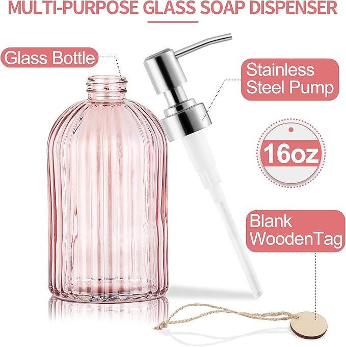 MOCLIF 16OZ Fashion Stripe Clear Glass Refillable Soap Dispenser with 304 Stainless Steel Pump Premium Soap Dispenser， for Kitchen, Bathroom, Hand Sanitizer, Liquid Soap, Lotion, etc. (Clear Pink)