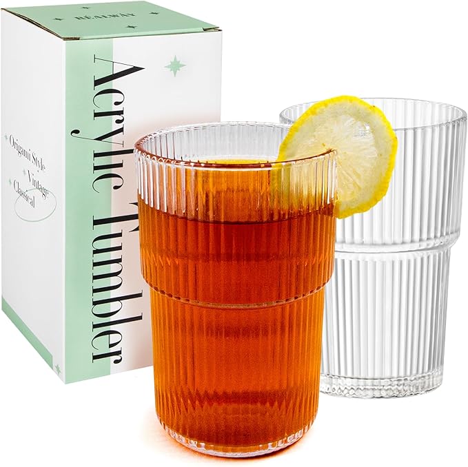REALWAY 17oz Ribbed Plastic Glasses, Unbreakable Acrylic Drinking Cups – Clear, Reusable, Dishwasher Safe, Stackable Tumblers for Kitchen & Parties – Set of 12