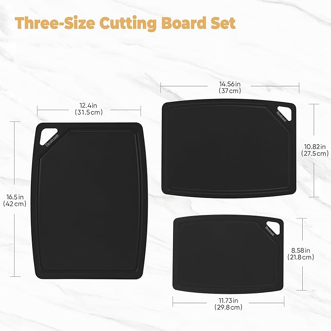 BESTCOOK Wood Fiber Cutting Board Set of 3, Composite Chopping Boards with Juice Groove, Dishwasher Safe, Non-Toxic, BPA-Free, Non-Porous, Non-Slip Feet for Cutting Meat, Vegetables, Fruit (Black)
