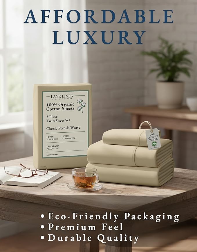 LANE LINEN 100% Organic Cotton Twin Size Bed Sheets, Fully Elasticized Mercerised Cotton Bed Sheet Set, Soft & Comfy Low Pill Face Resistant Bedding Sheets & Pillowcase Set- Linen
