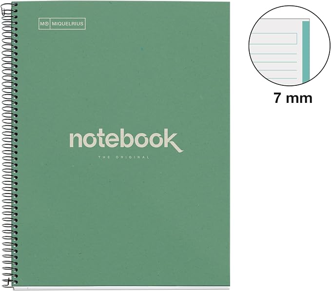 Miquelrius - Recycled Notebook A4, 80 Sheets of 80 g/m², Horizontal Ruled 7 mm, Recycled Paper (Reclaimed Post-Consumption), 1 Colour Strip, 4 Drills, Recycled Cover, Eco Mint