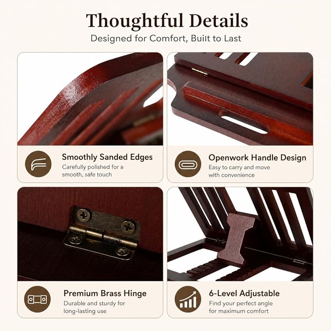 Bamboo Foldable Laptop Stand Holder, 6-Level Adjustable Ergonomic Notebook Riser with Heat Dissipation for 10-17 Inch Laptops, MacBook, Tablet (Dark Brown)