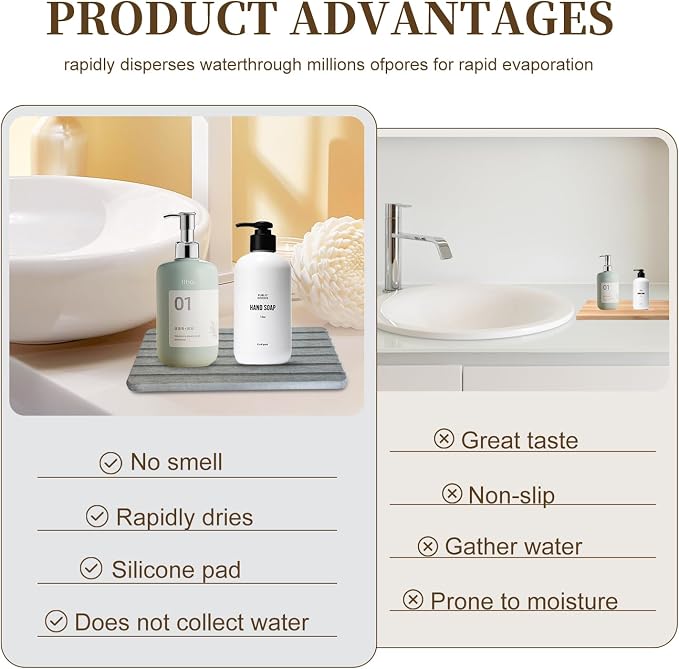 3PCS Diatomite Stone Tray Set, Large Soap Holder & 2 Square Coaster Mats for Bathroom Kitchen Counter, Fast-Absorbing Sink Organizer with Non-Slip Feet, 8.3x4 & 4x4 Inches