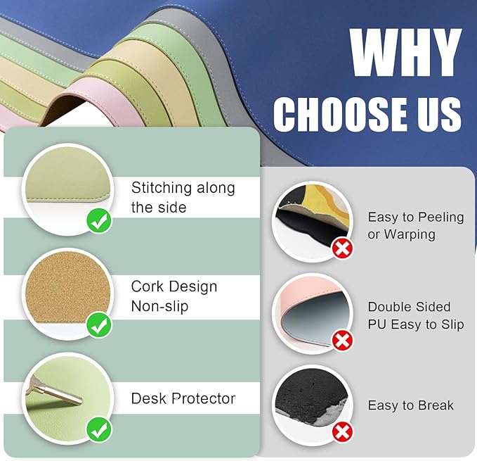 Dual-Sided Desk Pad, Natural Cork & PU Leather Mouse Pad for Desk, Desk Pad Protector, Non-Slip Desk Mat for Office and Home Work, (Matcha, 23.6" x 13.7")