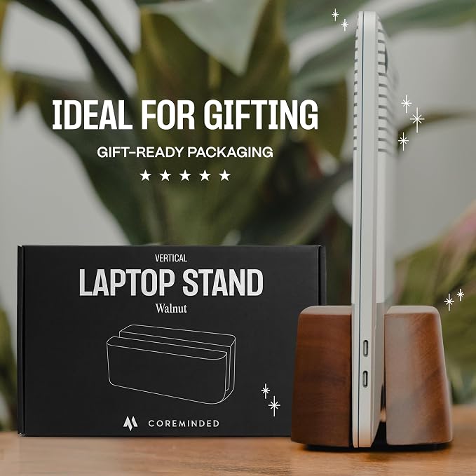 COREMINDED Adjustable Vertical Laptop Stand for Desk, Wooden Laptop Holder, MacBook Pro Stand, Wood Mac Air Dock (Solid Walnut)