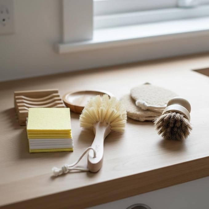 Gaia Guy Plastic-Free Dish Brush Set | 19-Piece Zero Waste Kitchen Cleaning Kit with Bamboo & Beech Wood Brushes, Cellulose Sponges, Natural Loofahs & Soap Holders | Eco Friendly Dishwashing Set