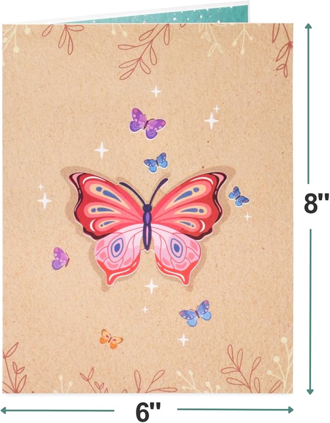 Paper Love Frndly, Butterflies Bouquet 3D Pop Up Card, For All Occasion, Mothers Day, Love, Thank You, Just Because -100% Recycled and Eco-Friendly, Handmade, 8" x 6" Cover -with Removable Note Tag