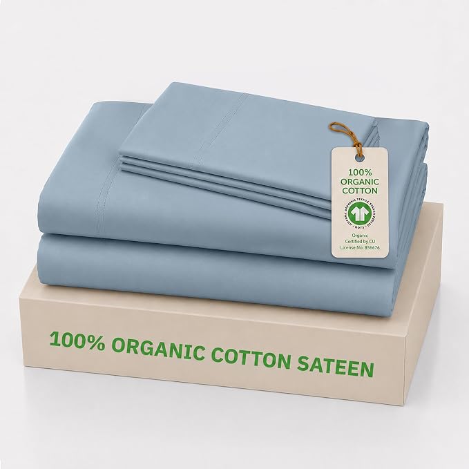 California Design Den 100% Organic Cotton Sheets Twin XL Size Set - Soft and Lightweight Sateen, Deep Pocket Twin XL Sheets, Durable Bedding - Pastel Blue