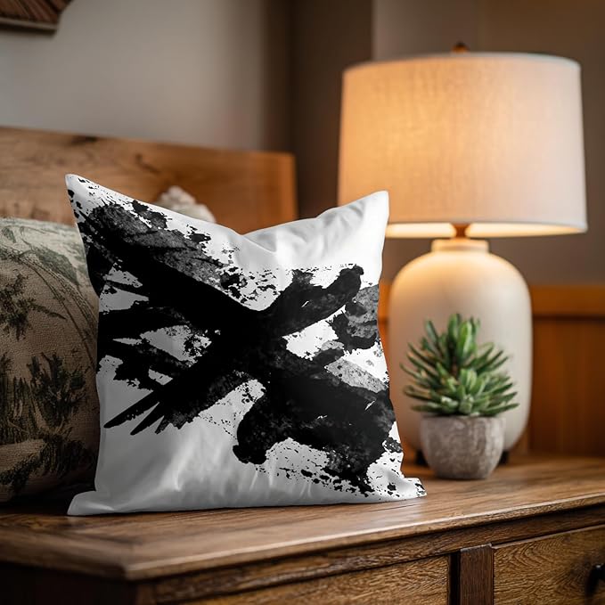 Shrahala Ink Black Hand Painted Decorative Throw Pillow Cover, Graphic White Brush Stroke Square Pillowcase Blended Double-Sided No Inserts for Bedroom Living Room Set of 2 (22 X 22 in)