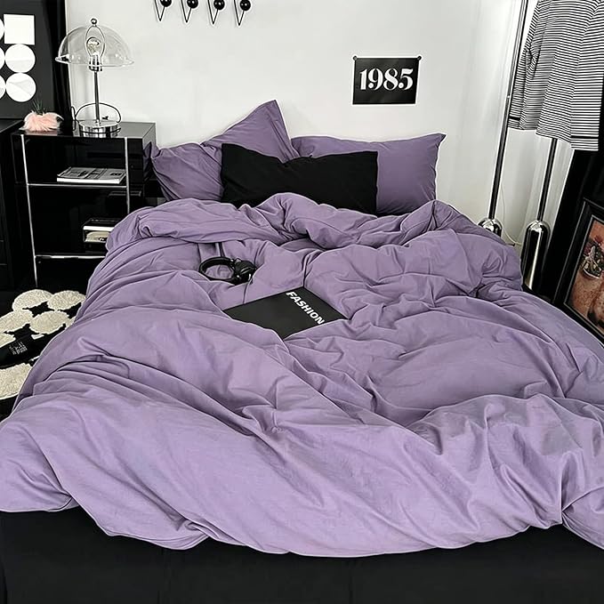 mixinni Solid Purple Duvet Cover Set Queen Size - 100% Washed Cotton 3-Piece Minimalist Bedding Set, Ultra Soft Breathable Solid Color Purple Comforter Cover with Zipper & Corner Ties, Full Size
