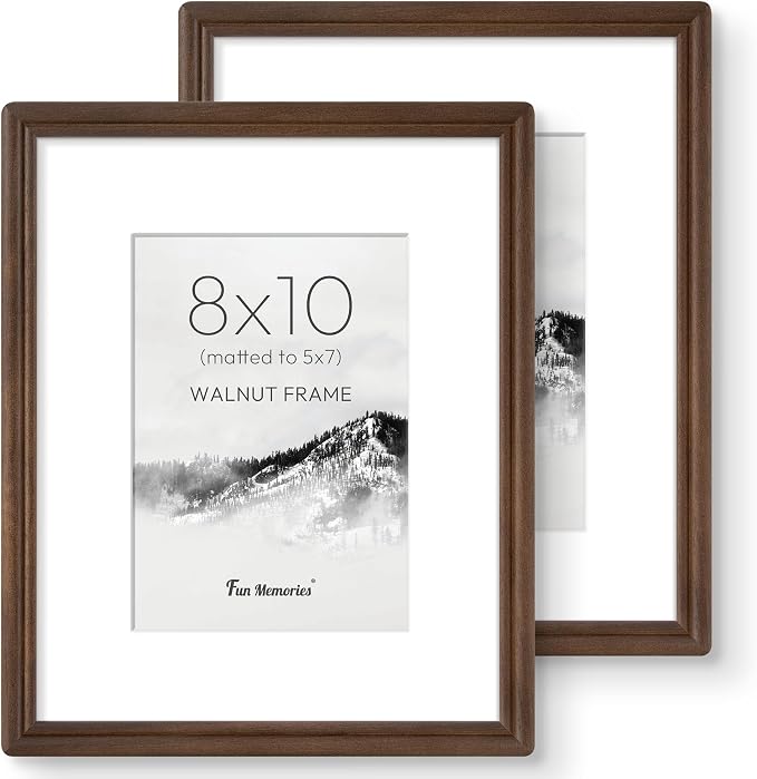 8x10 Picture Frame with Mat for 5x7, USA-Sourced Walnut Wood Handcrafted Rounded Corner with HD Tempered Glass, 8 x 10 Photo Frames Gallery Wall & Tabletop, Vertically or Horizontally, 2 Pack