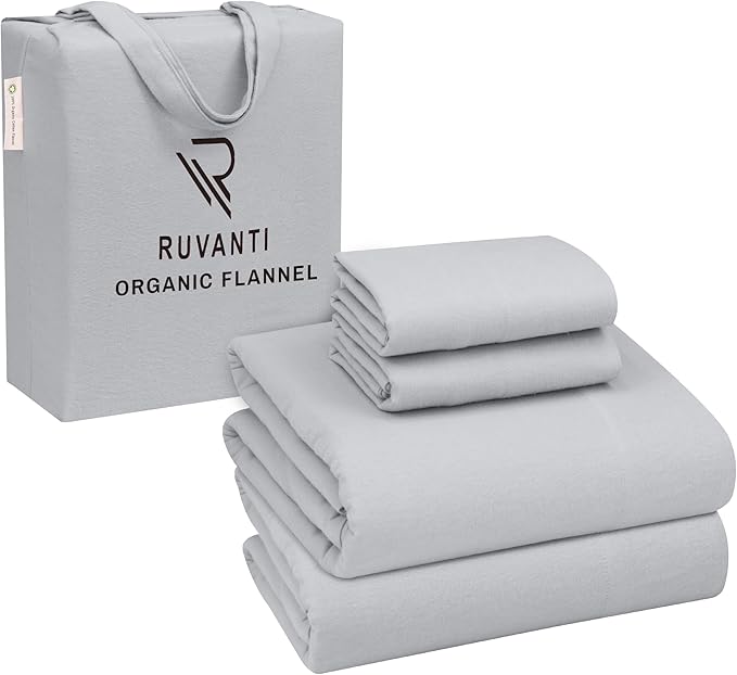 RUVANTI Flannel Sheets Full Size - GOTS Certified 100% Organic Cotton, 4 Piece Warm, Soft & Breathable Set, Deep Pocket Snug Fit, Double Brushed Cozy All Season Bedding, Light Grey