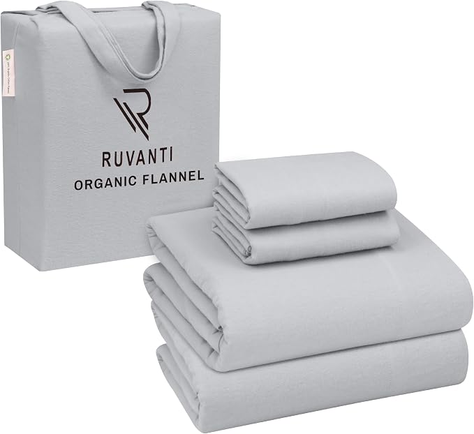 RUVANTI Flannel Sheets Queen Size - GOTS Certified 100% Organic Cotton, 4 Piece Warm, Soft & Breathable Set, Deep Pocket Snug Fit, Double Brushed Cozy All Season Bedding, Light Grey