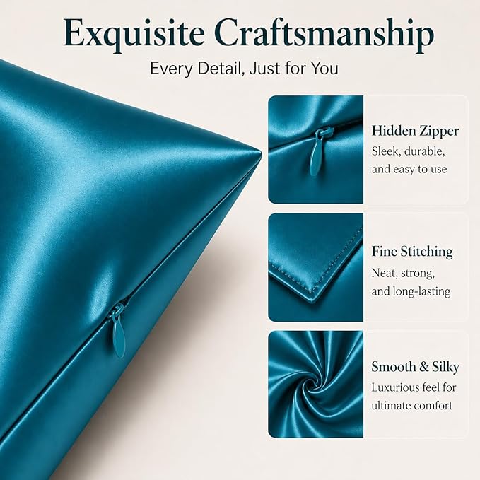 Pure Silk Pillowcase for Hair and Skin Made in USA, 22 Momme Real Silk Pillow Case with Zipper, 6A Grade, Organic, Cooling, Anti Acne, Anti Wrinkle, 1 Pc 20"x30" (Queen, Peacock Blue)