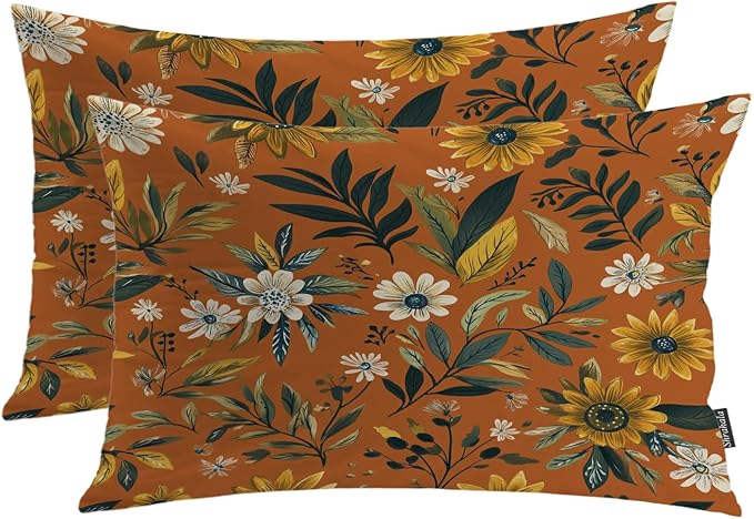 Shrahala Natural Aesthetic Organic Pillowcases, Free Form Flowers Earthy Color Lumbar Pillow Cover Decorative Blended Double-Sided No Inserts for Bedroom Sofa Living Room Set of 2 (26 x 20 in)