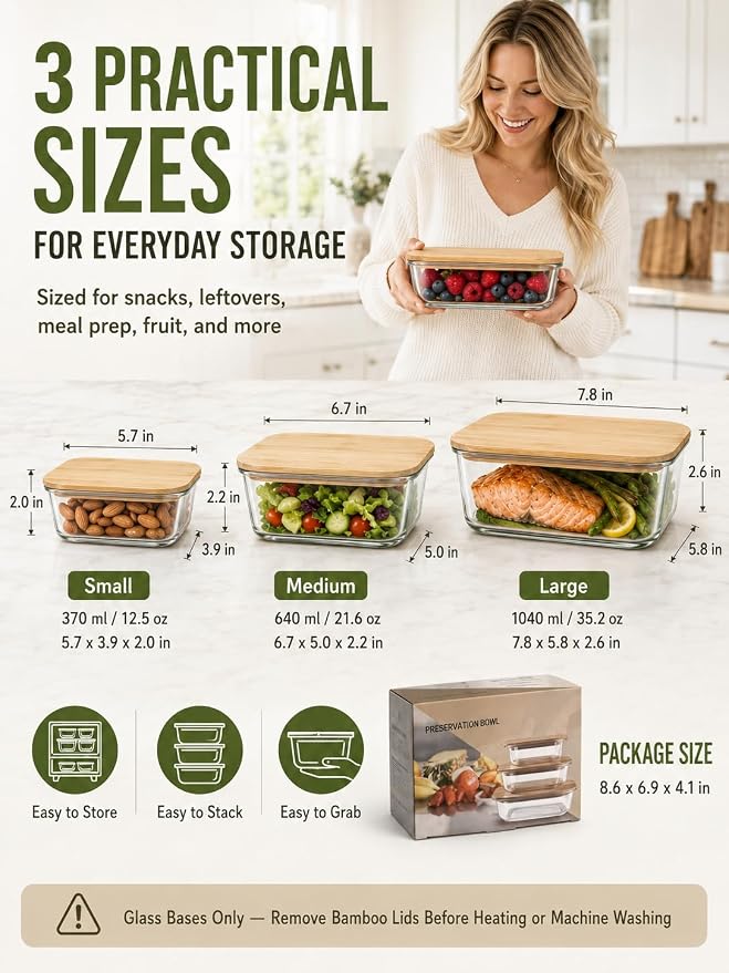 3-Pack Airtight Glass Food Storage Containers with Bamboo Lids | High borosilicate stackable meal prep containers for leftovers. Microwave and dishwasher safe kitchen organization.