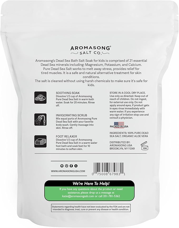Aromasong Dead Sea Salt Kids Bath Soak with Aloe Vera – Soothing, Calming & Sleep-Ready – 4 Lbs Fine Grain Bulk Resealable Pack – 100% Pure & Natural Mineral-Rich Bath Salt