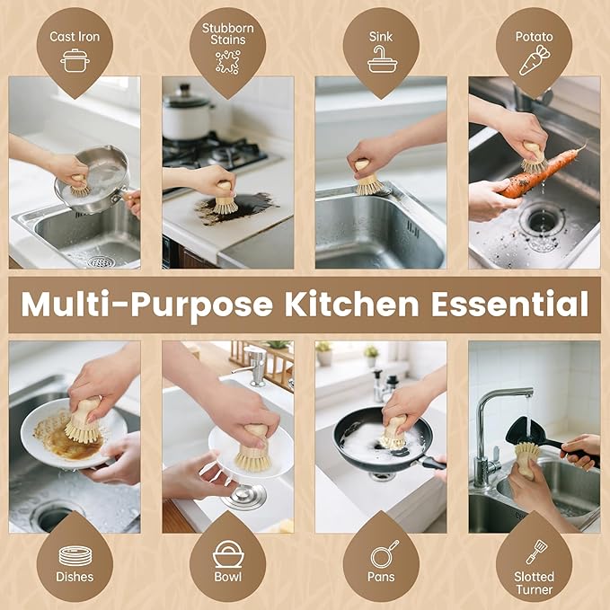 2-Pack Natural Bamboo Dish Brush Set – Eco-Friendly Scrub Brushes with Sisal & Palm Bristles for Non-Stick Cookware, Pots, Vegetables, and Kitchen Cleaning