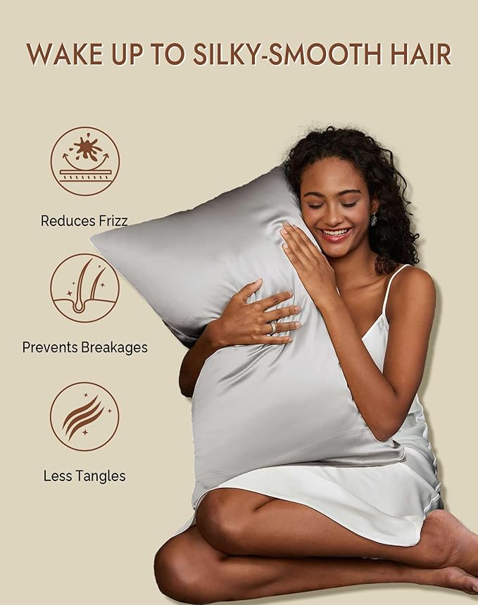 SilkSilky 100% Mulberry Silk Pillowcase - Pure 22 Momme High-Grade 6A Fibers for Hair & Skin, Hidden Zipper, Natural, Organic, Breathable & Cooling Pillow Case (Queen 20''x30'', Silver)