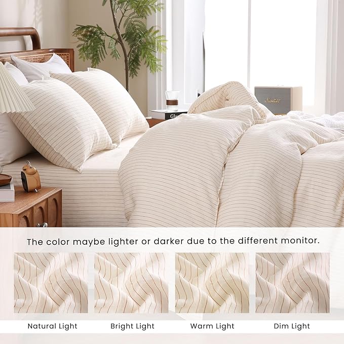 S VICTORY SYMBOL 100% Organic Linen Duvet Cover Set Rust Pinstripe,Yarn Dyed French Natural Flax Bedding Set,2pcs Farmhouse Comforter Cover Set Twin Size
