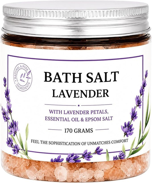 Himalayan Bath Salt with Lavender Petals, Essential Oil & Epsom Salt– 170 Grams, Detox & Wellness