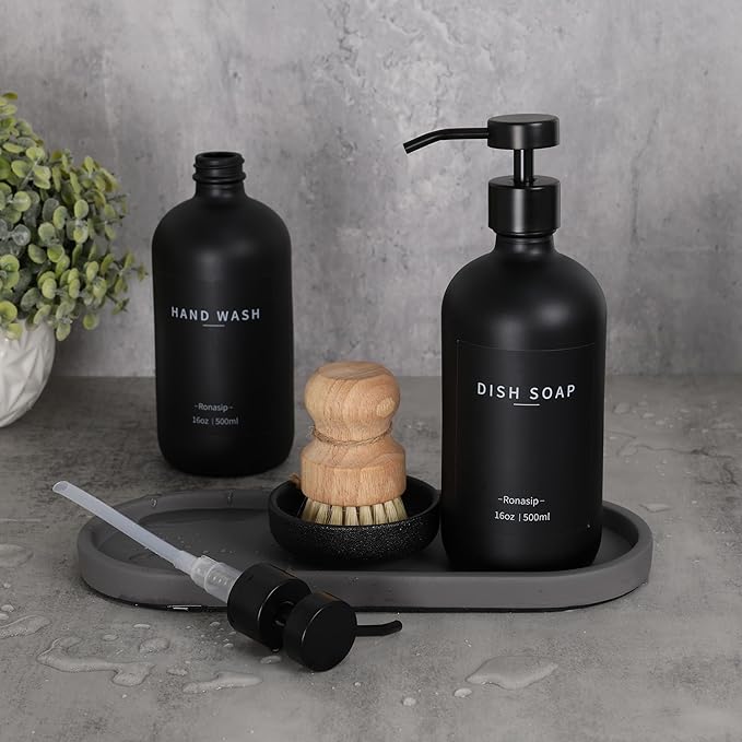 Ronasip Set of 5 Kitchen Soap Dispenser Set 16 Oz Glass Hand Dish Soap Dispenser with Stainless Steel Pump, Cement Tray, Dish Scrub Brush for Farmhouse Rustic Home Bathroom Decor (Black)