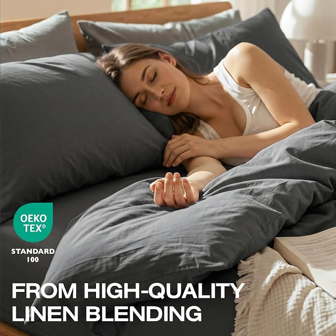 100% Pure French Flax Linen Blend Duvet Cover Set King Size, 3-Piece Breathable Bedding Set with Long Zipper Closure & Corner Ties, Soft, Lightweight & Durable Bedding Ideal for Hot Sleepers