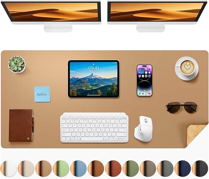 Aothia Cork Desk Mat - Dual-Sided Extra Large Desk Pad & Keyboard Mat, Long PU Leather Desk Protector, Waterproof Desktop Blotter (47" x 17", Apricot)